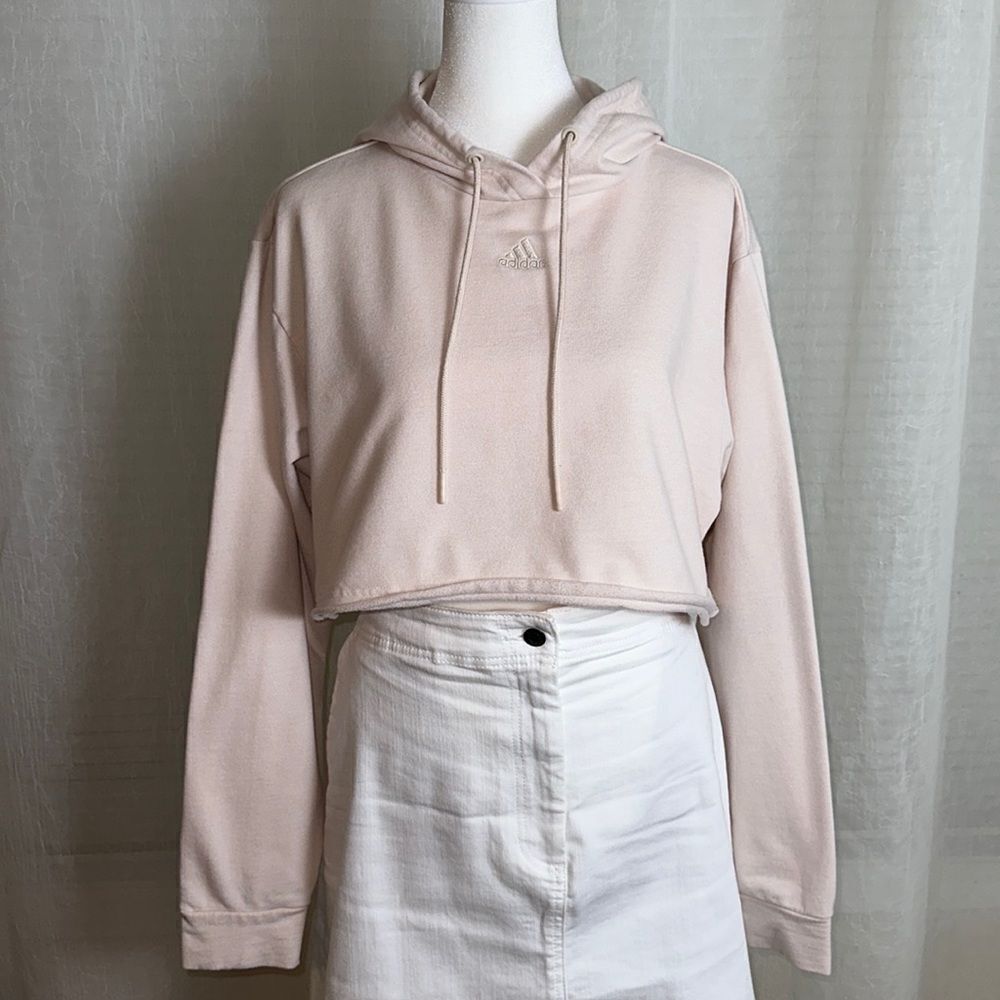 adidas S Blush Pink Cropped Sweatshirt Cotton Blend French Terrycloth Hoodie